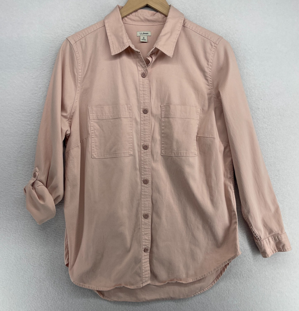 LL BEAN Top Womens M Cotton Twill Shirt Utility Roll Tab Sleeve Button Up Pink